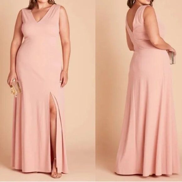 READ Birdy Grey Shamin V-Neck Crepe Bridesmaid Dress Pink Rose Quartz Large Slit - Picture 1 of 13